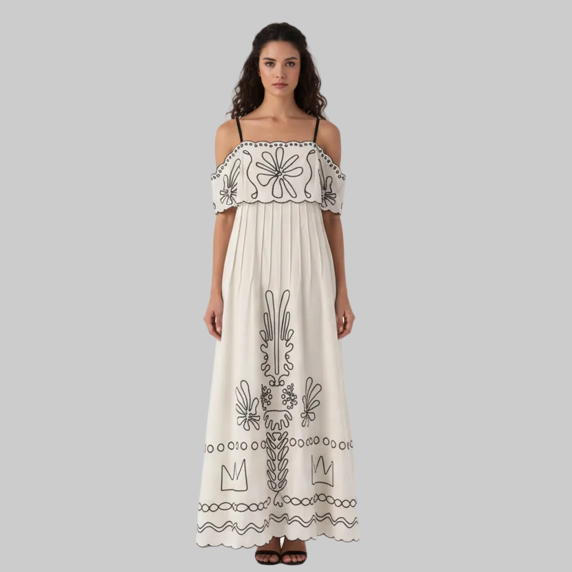 Cream White Embroidered Strap Maxi Dress