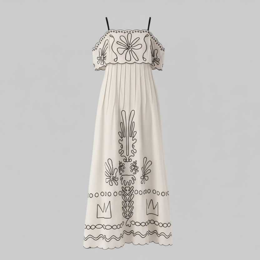 Cream White Embroidered Strap Maxi Dress