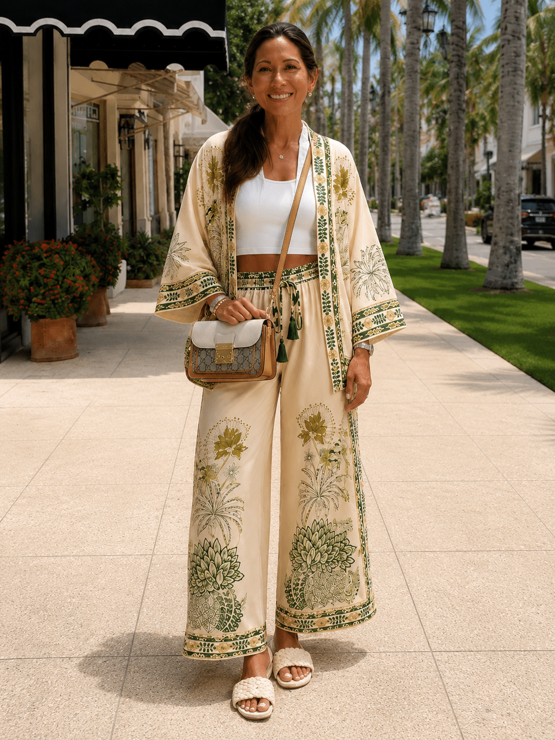 L’LUXE Floral Print Kimono Cardigan & Wide-Leg Pant Set
Resort Set