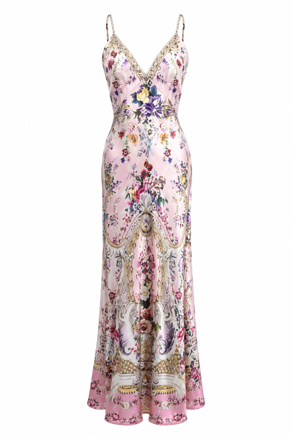 L’LUXE Pink Floral Silk Maxi Dress – Crystal Beaded Backless Evening Gown
