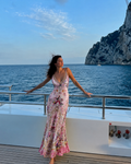 L’LUXE Pink Floral Silk Maxi Dress – Crystal Beaded Backless Evening Gown