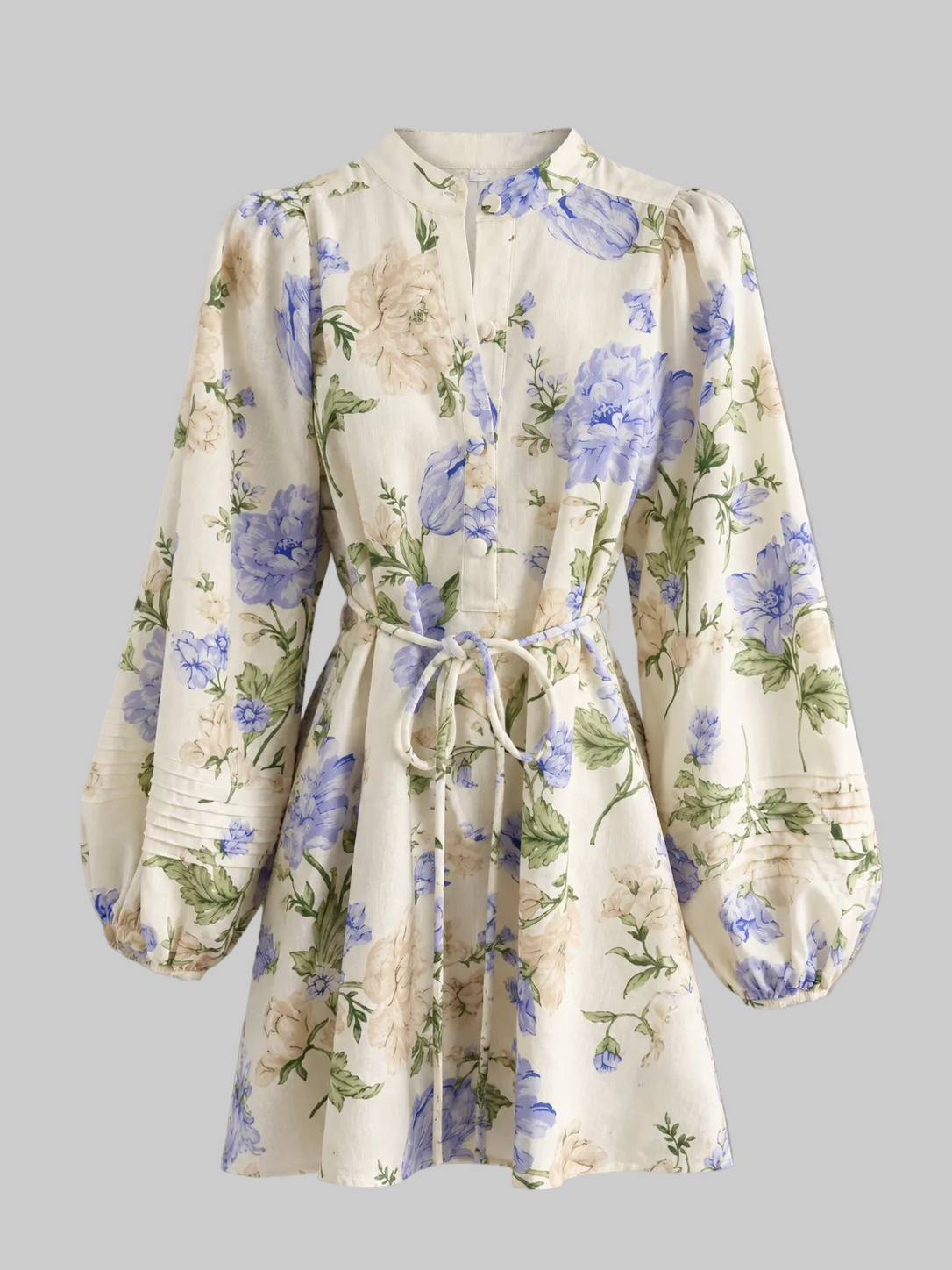 L’LUXE Blue Floral Linen Mini Dress – Puff Sleeve Belted Summer Dress