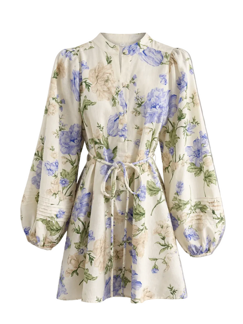 Blue Floral Linen Mini Dress – Puff Sleeve Belted Summer Dress