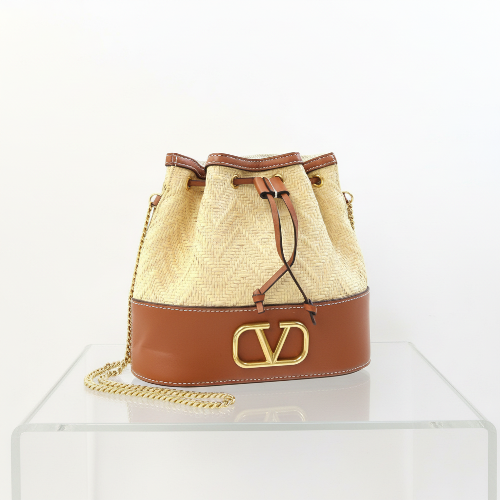 Valentino Garavani V Logo Raffia Bucket Bag Leather Trim Previously Owned Authentic