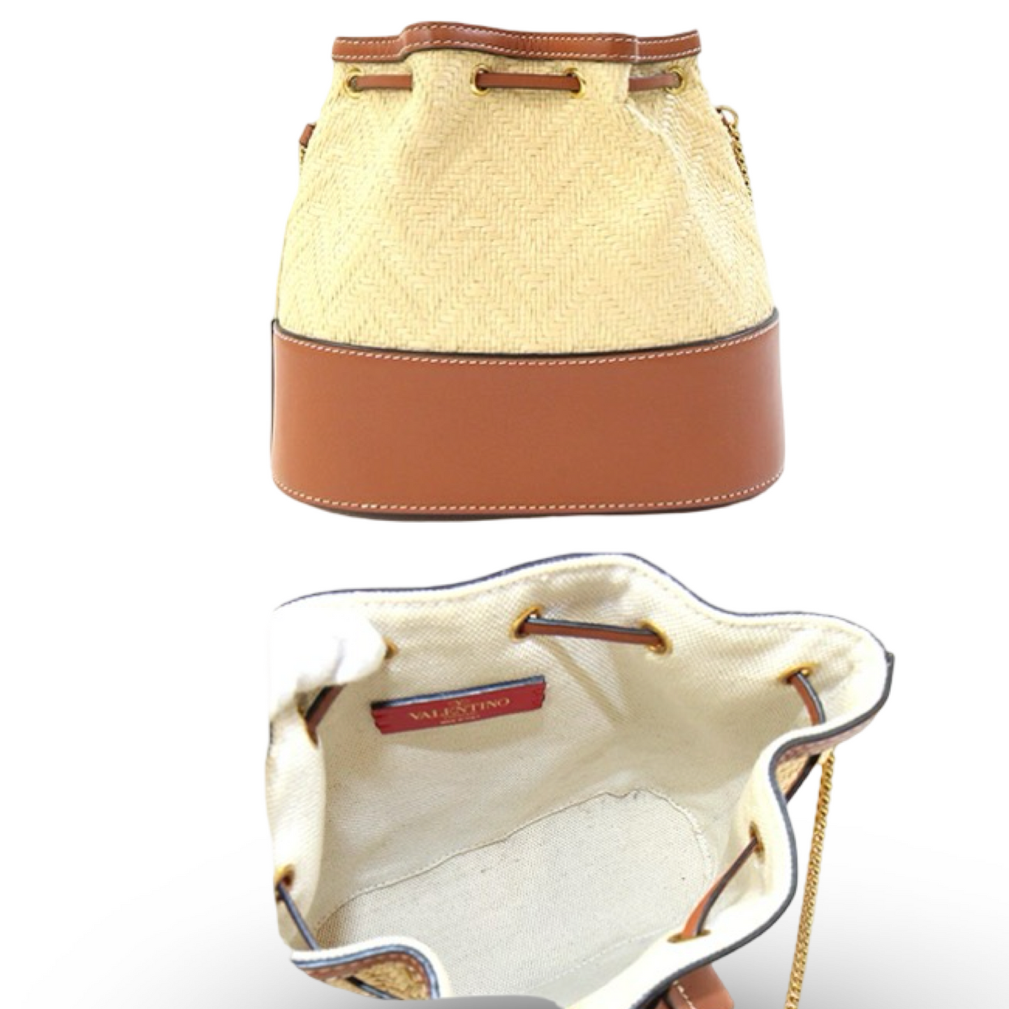 Valentino Garavani V Logo Raffia Bucket Bag Leather Trim Brown – Very Good Condition | L’LUXE Authentic’s