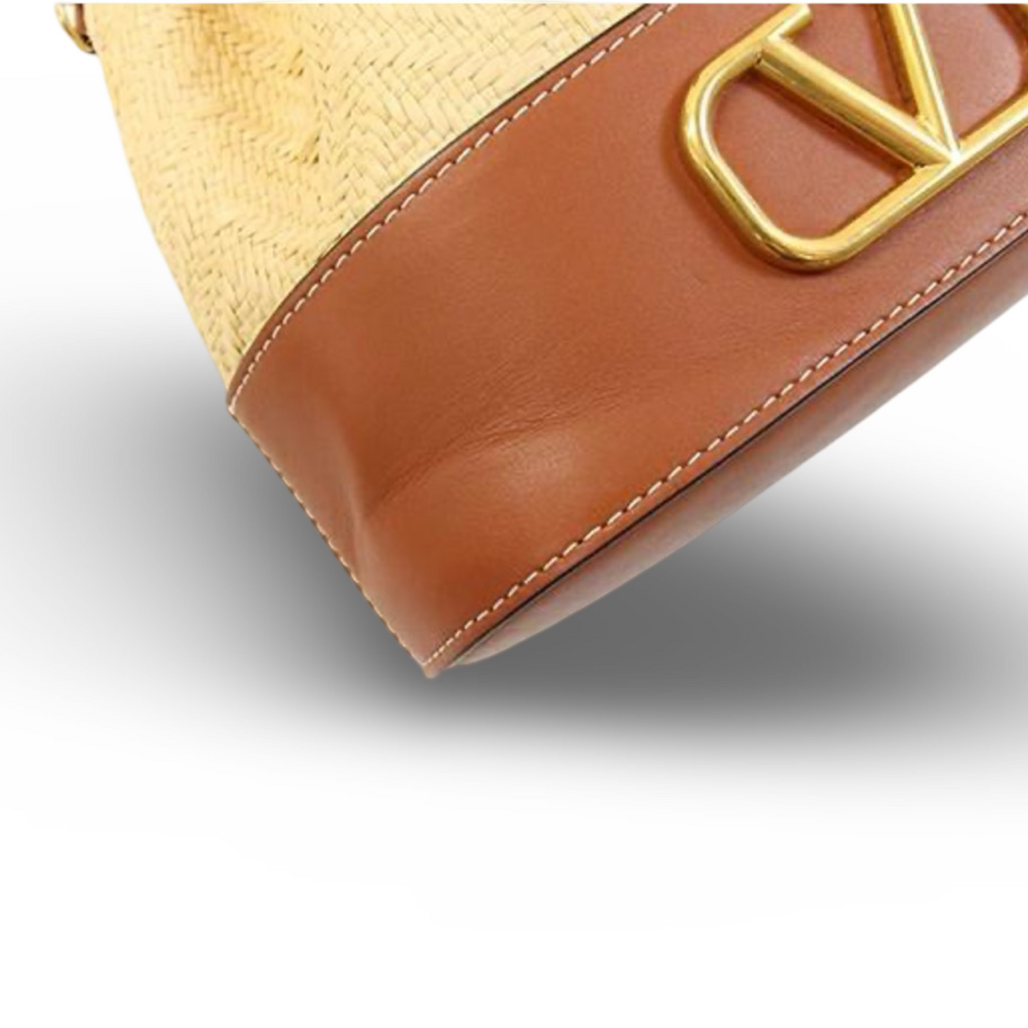 Valentino Garavani V Logo Raffia Bucket Bag Leather Trim Brown – Very Good Condition | L’LUXE Authentic’s
