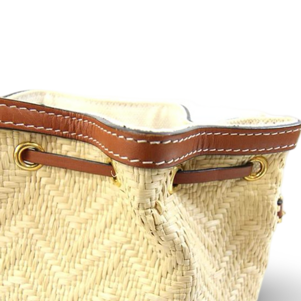 Valentino Garavani V Logo Raffia Bucket Bag Leather Trim Previously Owned Authentic