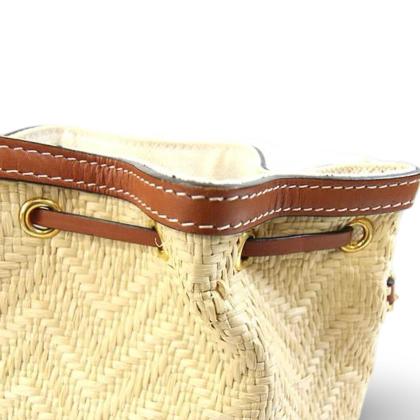 Valentino Garavani V Logo Raffia Bucket Bag Leather Trim Brown – Very Good Condition | L’LUXE Authentic’s