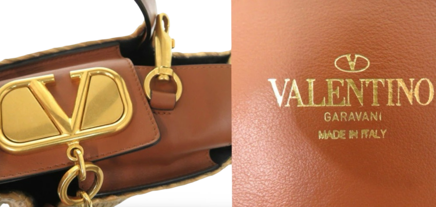 Valentino Garavani V Logo Raffia Bucket Bag Leather Trim Brown – Very Good Condition | L’LUXE Authentic’s