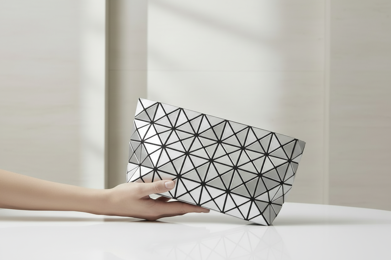 Issey Miyake Bao Bao Silver PVC Geometric Clutch Pouch Excellent Condition Previously Owned Authentic