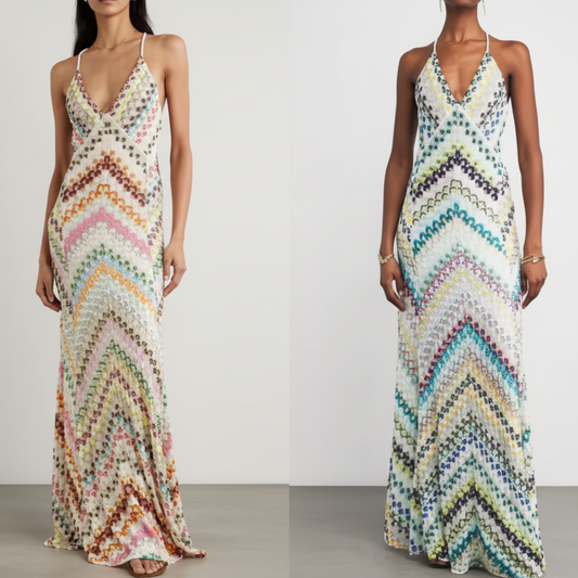 Boho Crochet Maxi Dress - Colorful Zigzag Print - Backless Deep V - Summer Resort wear