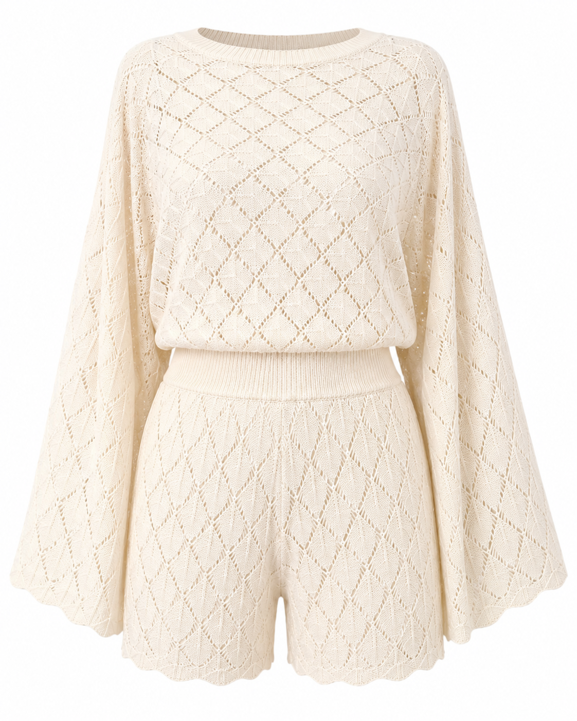 Women’s Hollow Knit Two Piece Shorts Set | Long Sleeve Crochet Sweater & Shorts Co-Ord
