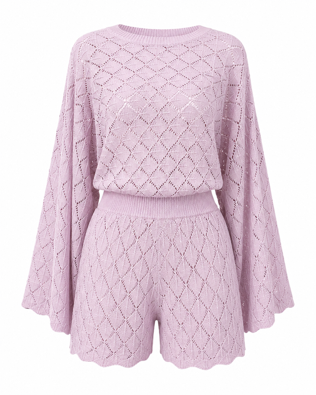 Women’s Hollow Knit Two Piece Shorts Set | Long Sleeve Crochet Sweater & Shorts Co-Ord