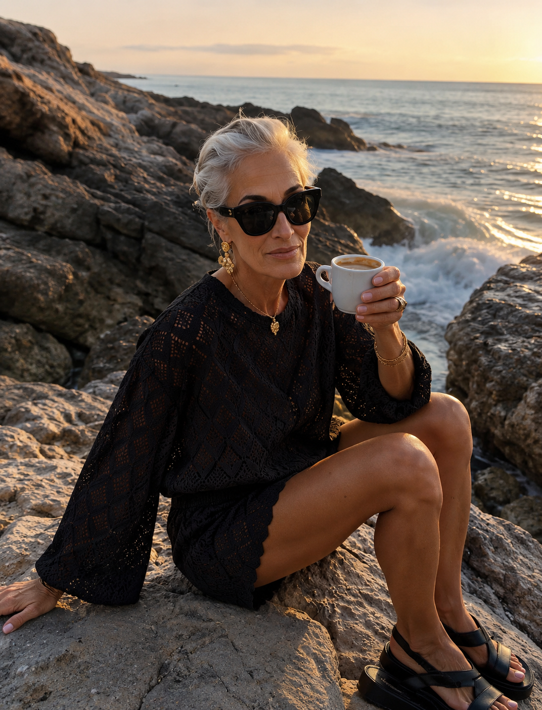Women’s Hollow Knit Two Piece Shorts Set | Long Sleeve Crochet Sweater & Shorts Co-Ord