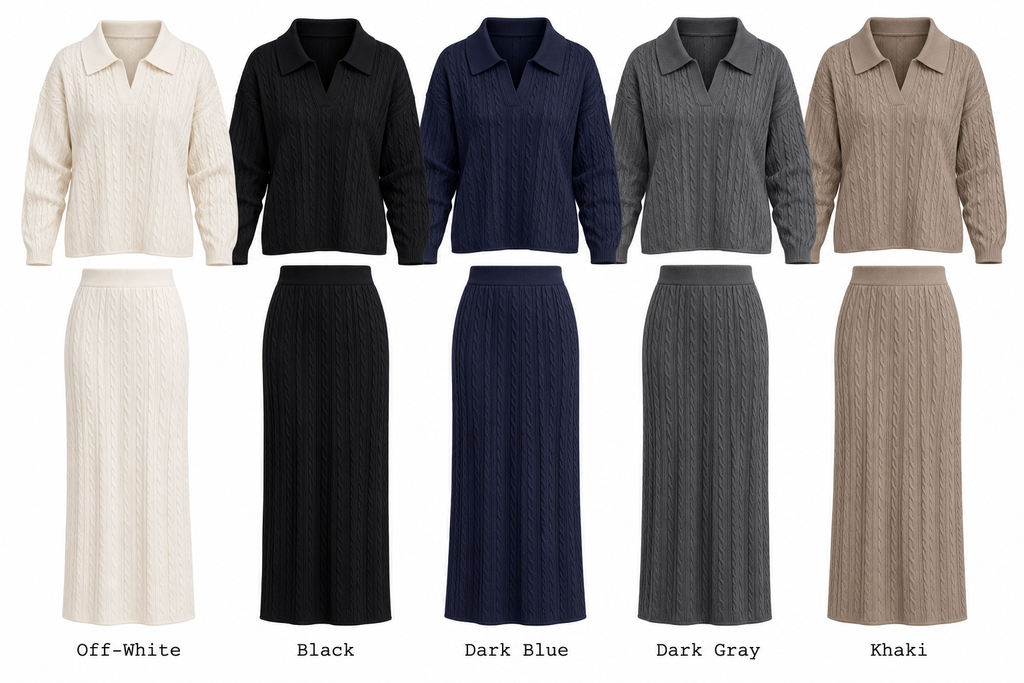 Cable-Knit Collared Top & Maxi Skirt Set