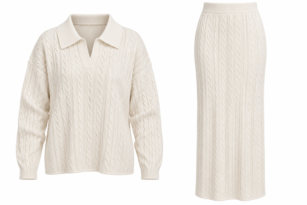Cable-Knit Collared Top & Maxi Skirt Set