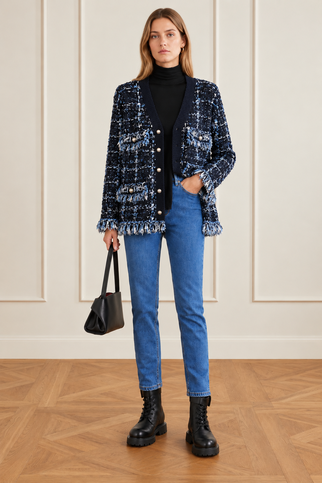 Blue Bouclé Tweed Fringe Cardigan Jacket