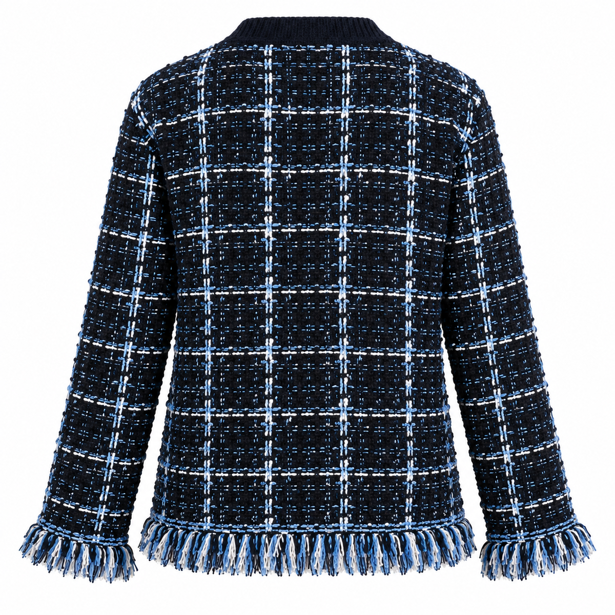 Blue Bouclé Tweed Fringe Cardigan Jacket