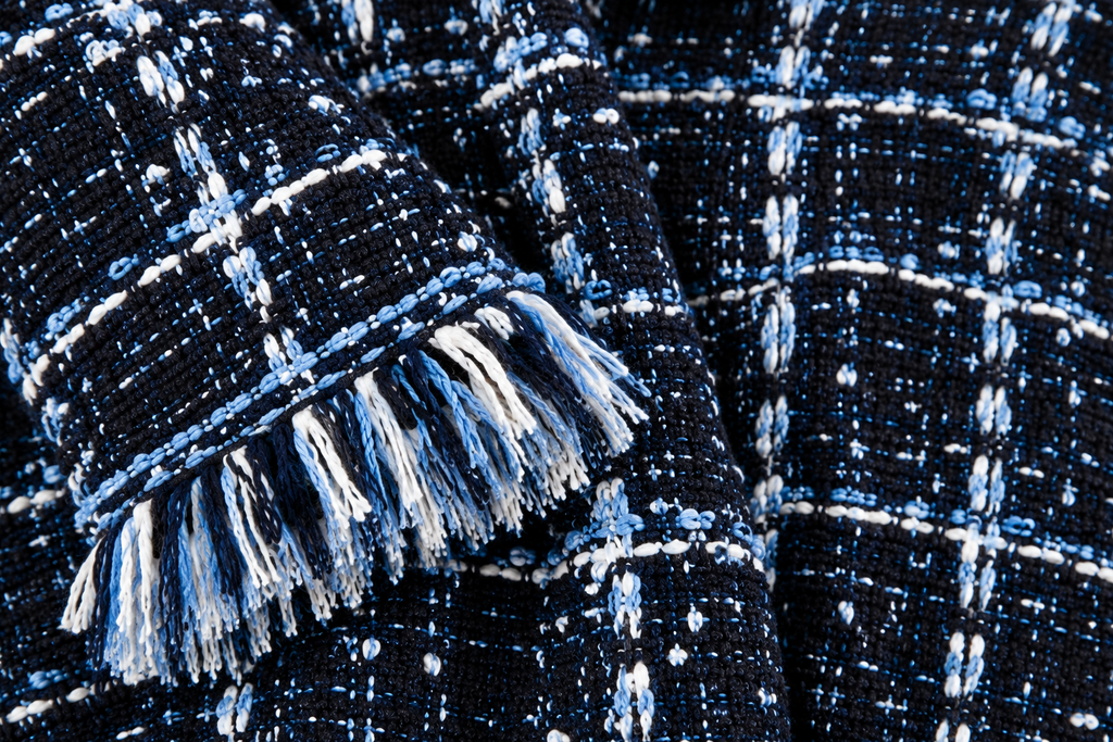 Blue Bouclé Tweed Fringe Cardigan Jacket