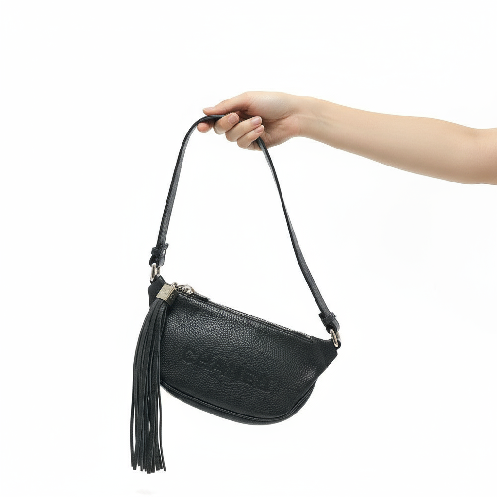 CHANEL – Logo Fringe – Black Calf Leather – Karl Lagerfeld Era, 1990s – 100% Authentic Pre-Owned✨ Good Vintage Condition