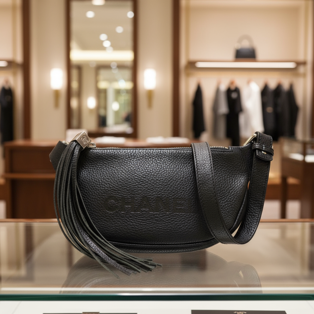 CHANEL – Logo Fringe – Black Calf Leather – Karl Lagerfeld Era, 1990s – 100% Authentic Pre-Owned✨ Good Vintage Condition