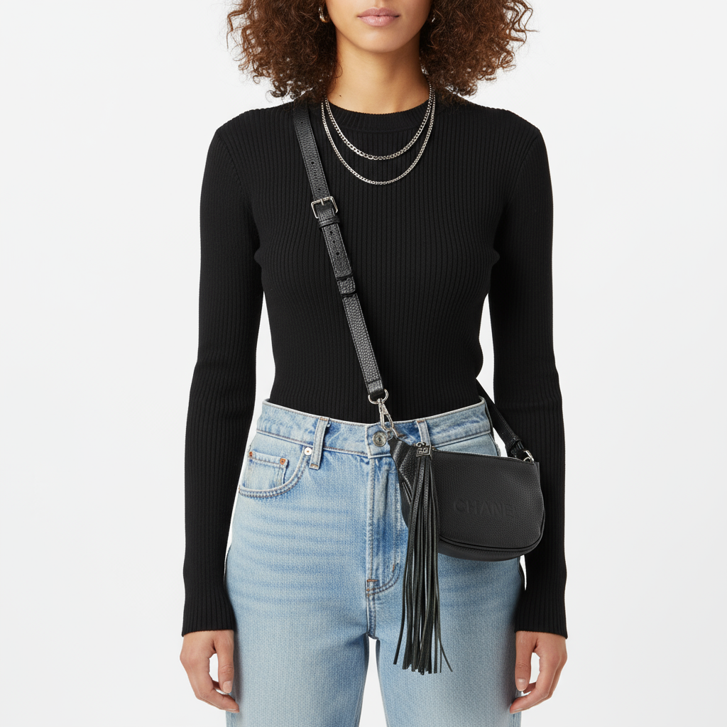 CHANEL – Logo Fringe – Black Calf Leather – Karl Lagerfeld Era, 1990s – 100% Authentic Pre-Owned✨ Good Vintage Condition