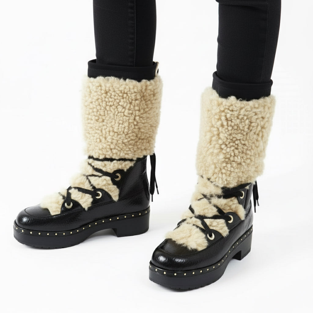 CHANEL Boots Black & Beige Leather with Mouton Trim Size 37 – Made in Italy 100% Authentic ✨Excellent Pre-Owned Condition, ✨Almost New