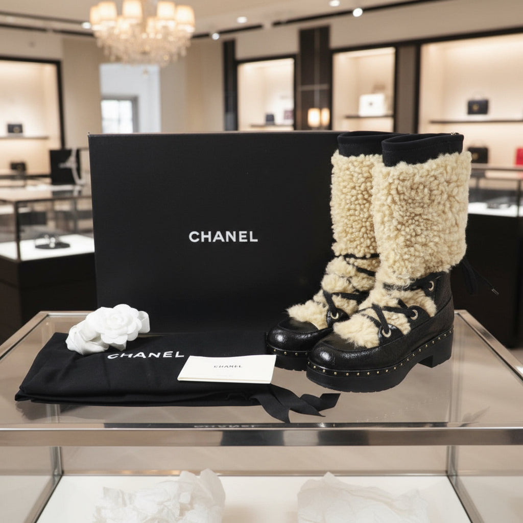CHANEL Boots Black & Beige Leather with Mouton Trim Size 37 – Made in Italy 100% Authentic ✨Excellent Pre-Owned Condition, ✨Almost New