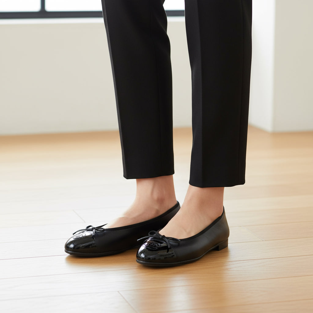 CHANEL Black Leather Ballerina with Patent Trim – Size 36.5 – Made in Italy – 100% Authentic ✨Excellent Pre-Owned Condition