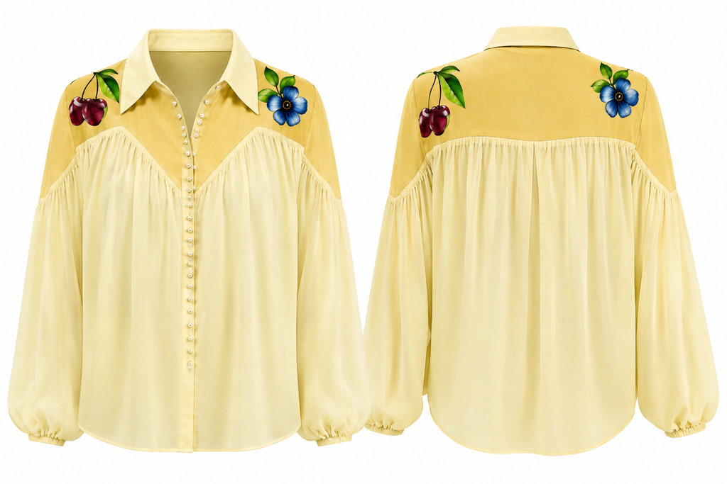 Yellow Fruit Print Chiffon Blouse | Pearl Button Resort Top