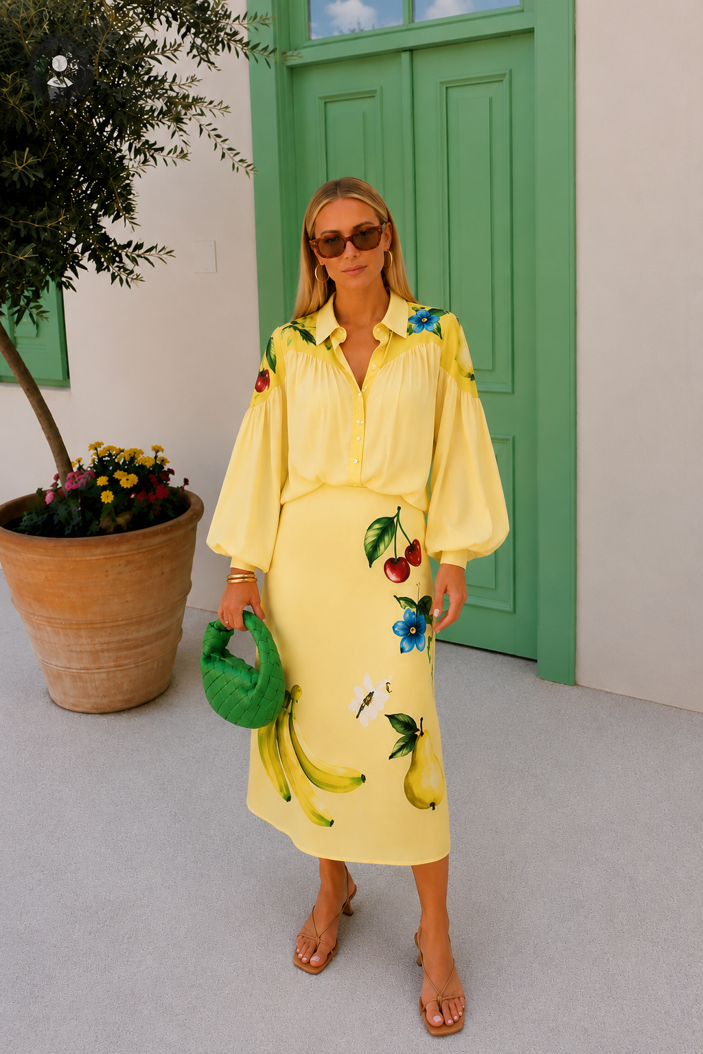 Yellow Fruit Print Chiffon Blouse | Pearl Button Resort Top
