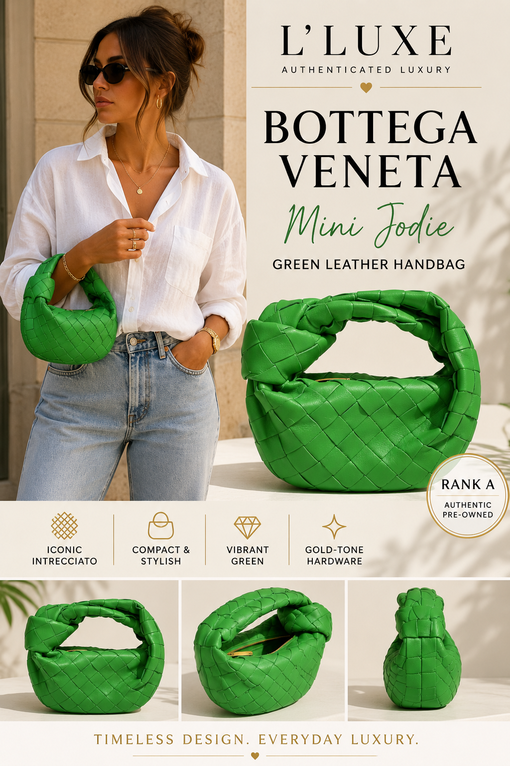 BOTTEGA VENETA Mini Jodie Green Leather Handbag | Previously Owned Authentic