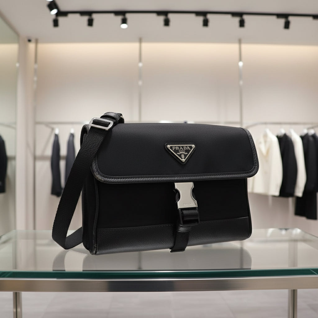 PRADA – Diagonal Shoulder Nylon Bag Saffiano Leather – Black – 100% Authentic ✨Previously Owned Excellent Condition ~20% Off MSRP