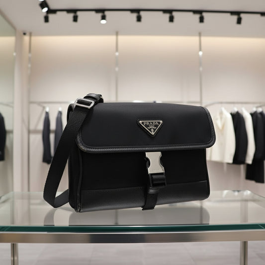 PRADA – Diagonal Shoulder Nylon Bag Saffiano Leather – Black – 100% Authentic ✨Previously Owned Excellent Condition ~20% Off MSRP