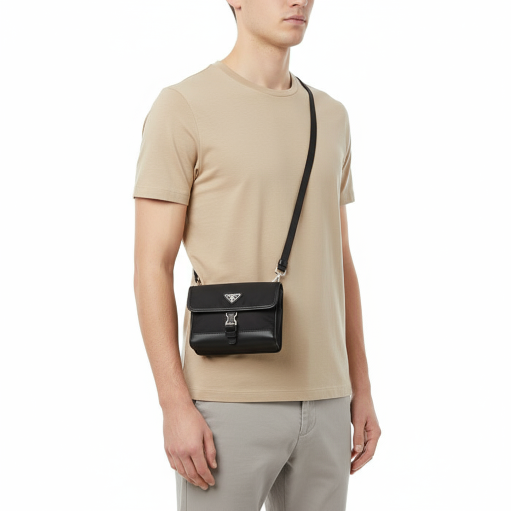 PRADA – Diagonal Shoulder Nylon Bag Saffiano Leather – Black – 100% Authentic ✨Previously Owned Excellent Condition ~20% Off MSRP