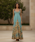 Blue Persian Rose Garden Linen Strap Maxi Dress