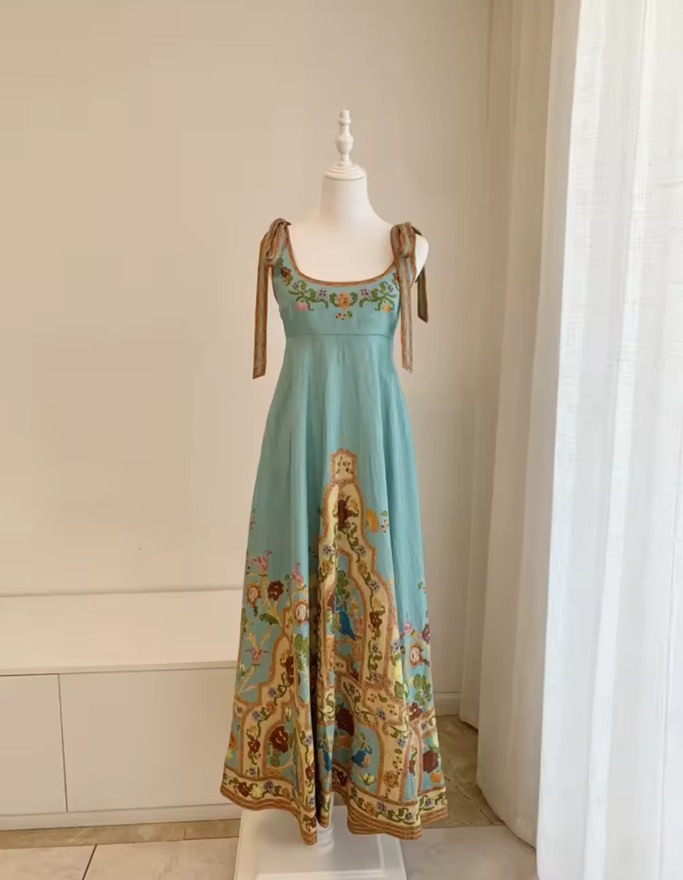 Blue Persian Rose Garden Linen Strap Maxi Dress