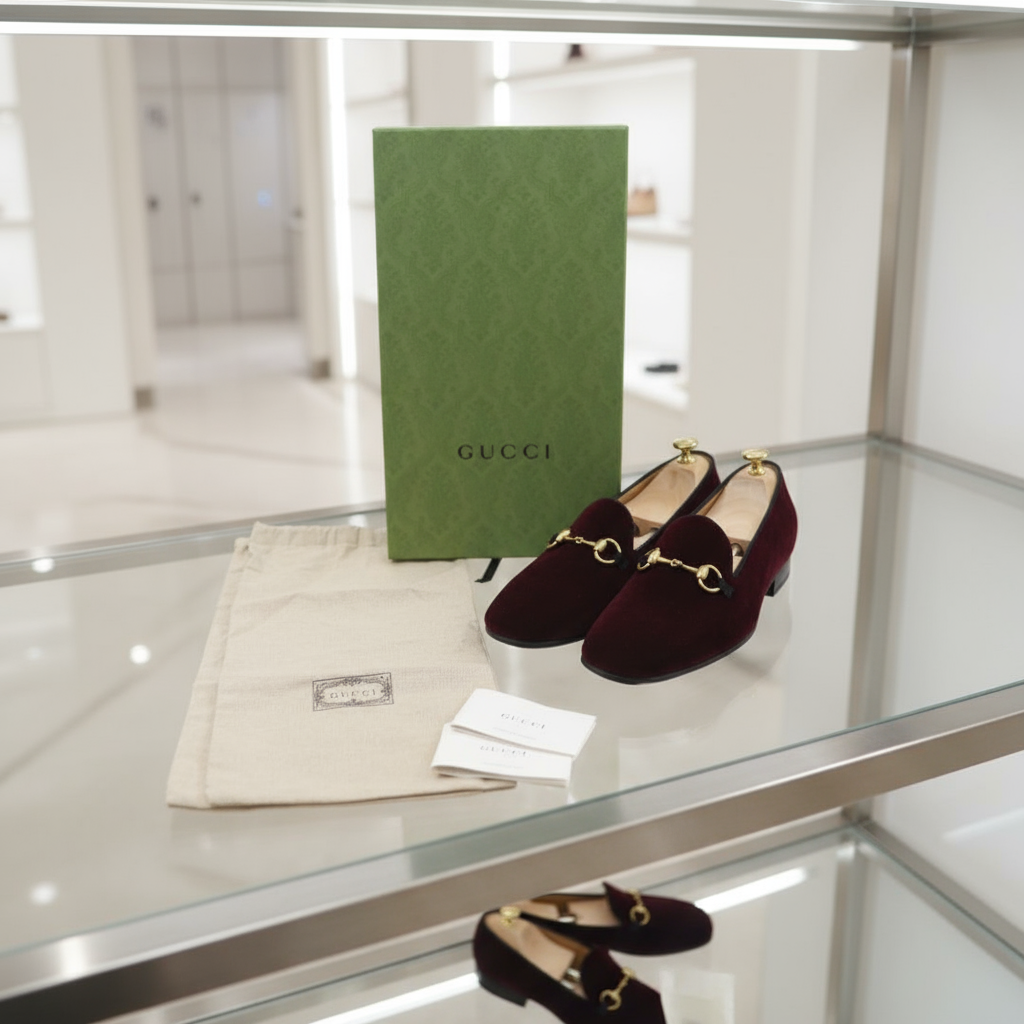 GUCCI size 8.5 Men’s Loafers Velour Bordeaux Made in Italy – 100% Authentic ✨ Unused / Store Display