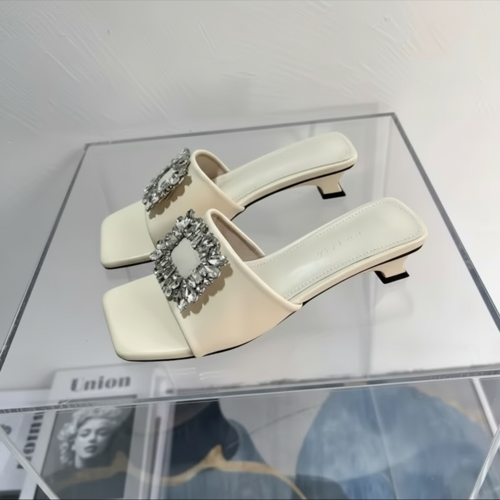 Crystal Buckle Open-Toe Mule Sandals