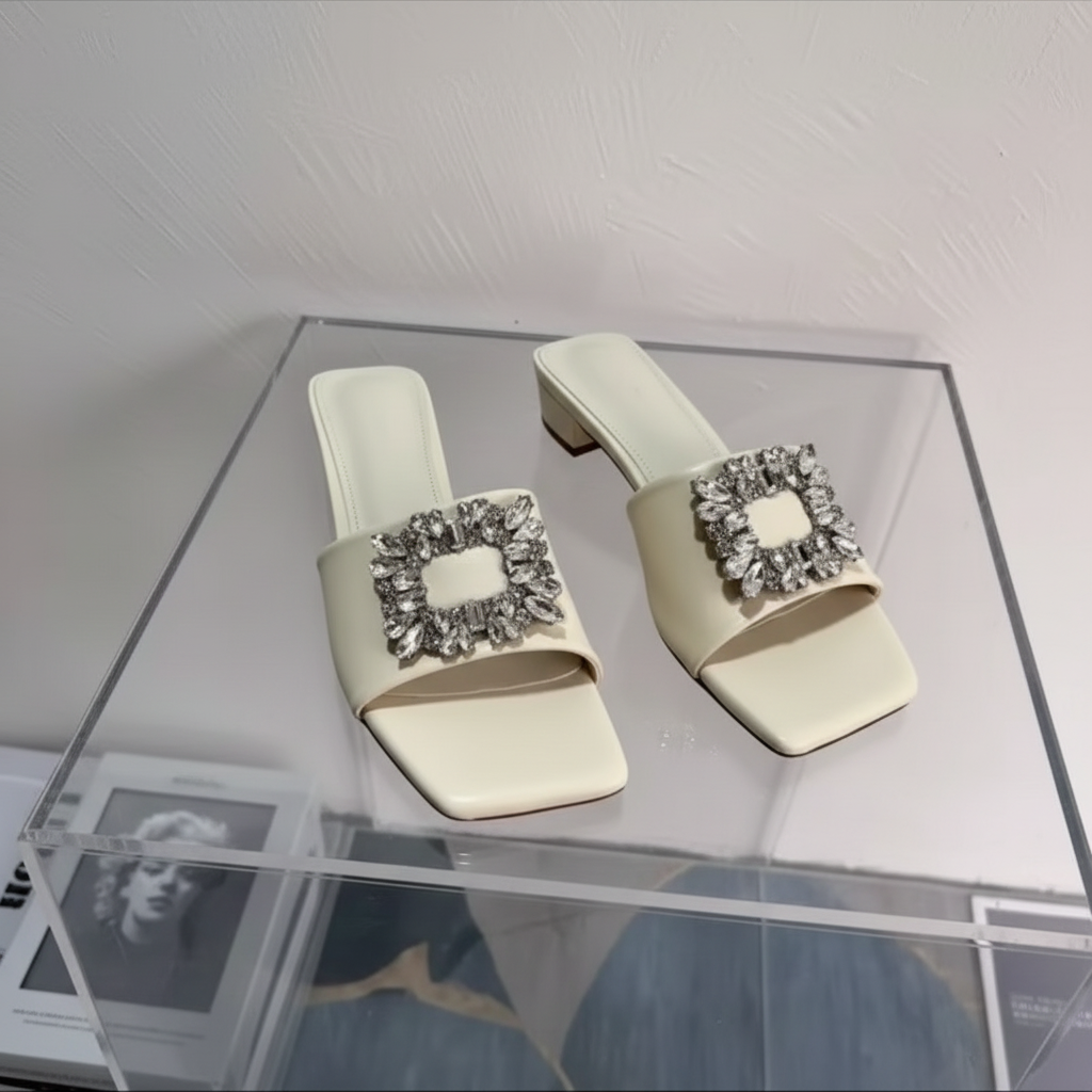 Crystal Buckle Open-Toe Mule Sandals