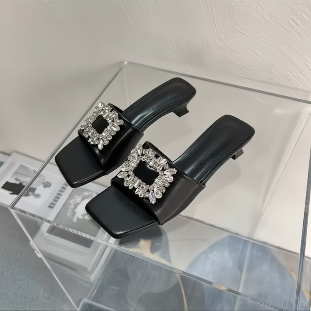 Crystal Buckle Open-Toe Mule Sandals