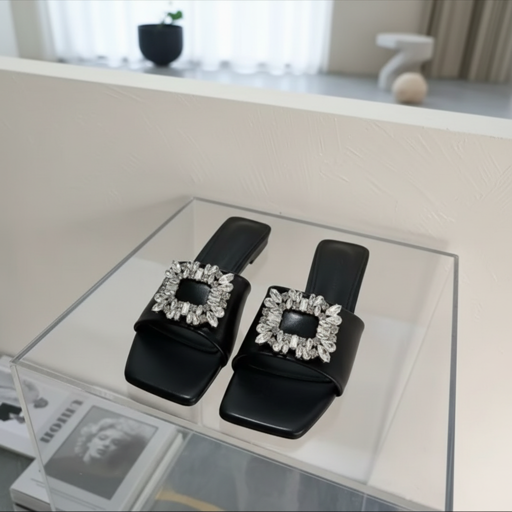 Crystal Buckle Open-Toe Mule Sandals
