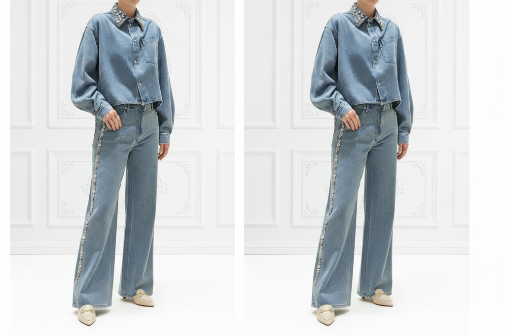 Rhinestone Collar Denim Shirt & High-Waist Wide-Leg Jeans Set