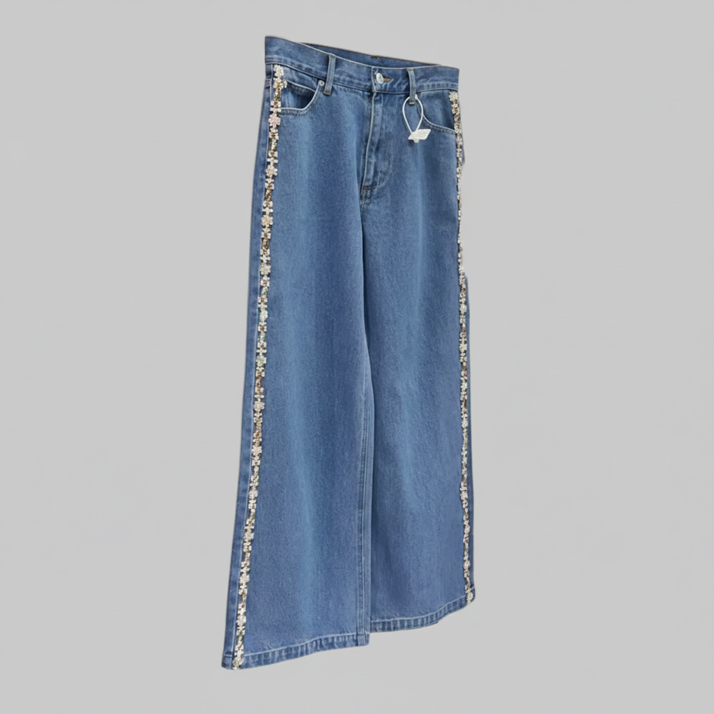 Rhinestone Collar Denim Shirt & High-Waist Wide-Leg Jeans Set