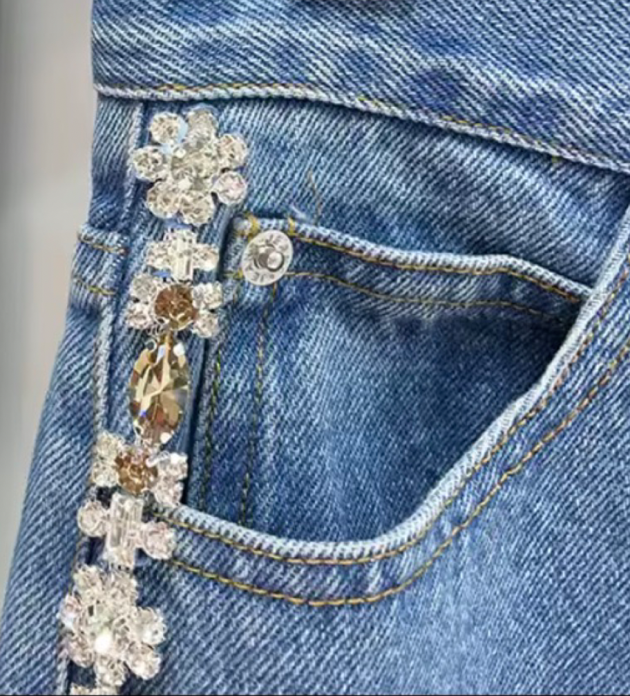 Rhinestone Collar Denim Shirt & High-Waist Wide-Leg Jeans Set