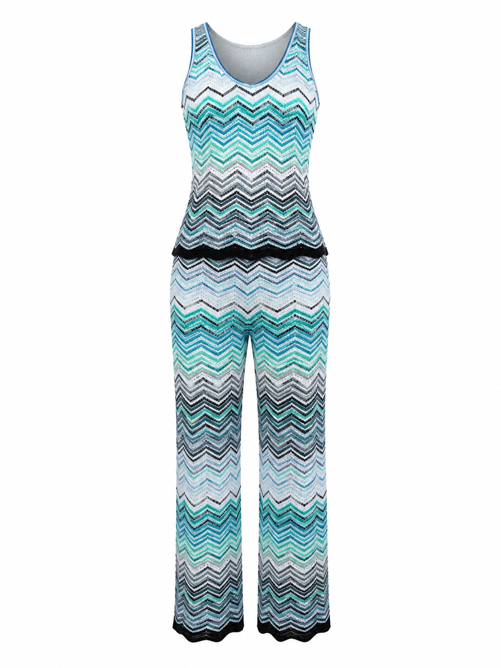 Blue Chevron Knit Sleeveless Top & Wide Leg Pants  Co-Ord outfit