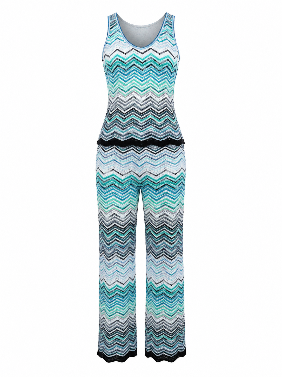 Blue Chevron Knit Sleeveless Top & Wide Leg Pants  Co-Ord outfit