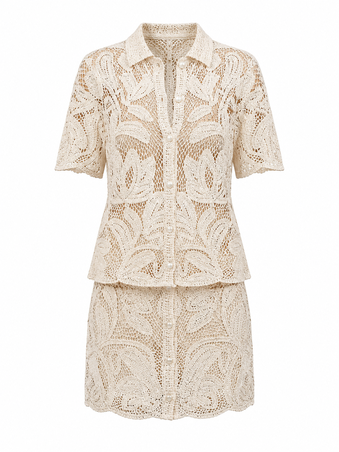 Women’s Beige Crochet Lace Shirt & Mini Skirt Co-Ord Outfit – Resort Chic Two-Piece Matching Set – Beige – Excellent Quality