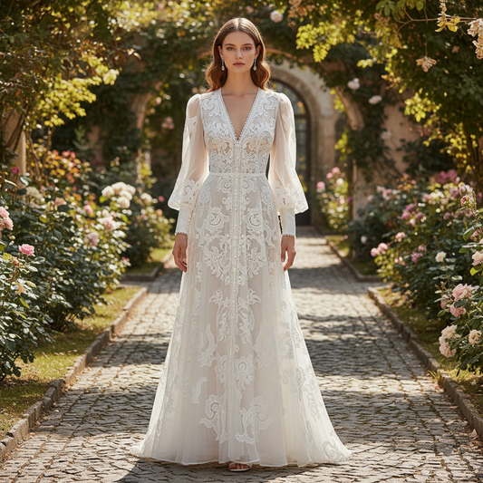 White Embroidered Floral Deep V-Neck Long Sleeve Midi Dress | L’LUXE Luxury Edit