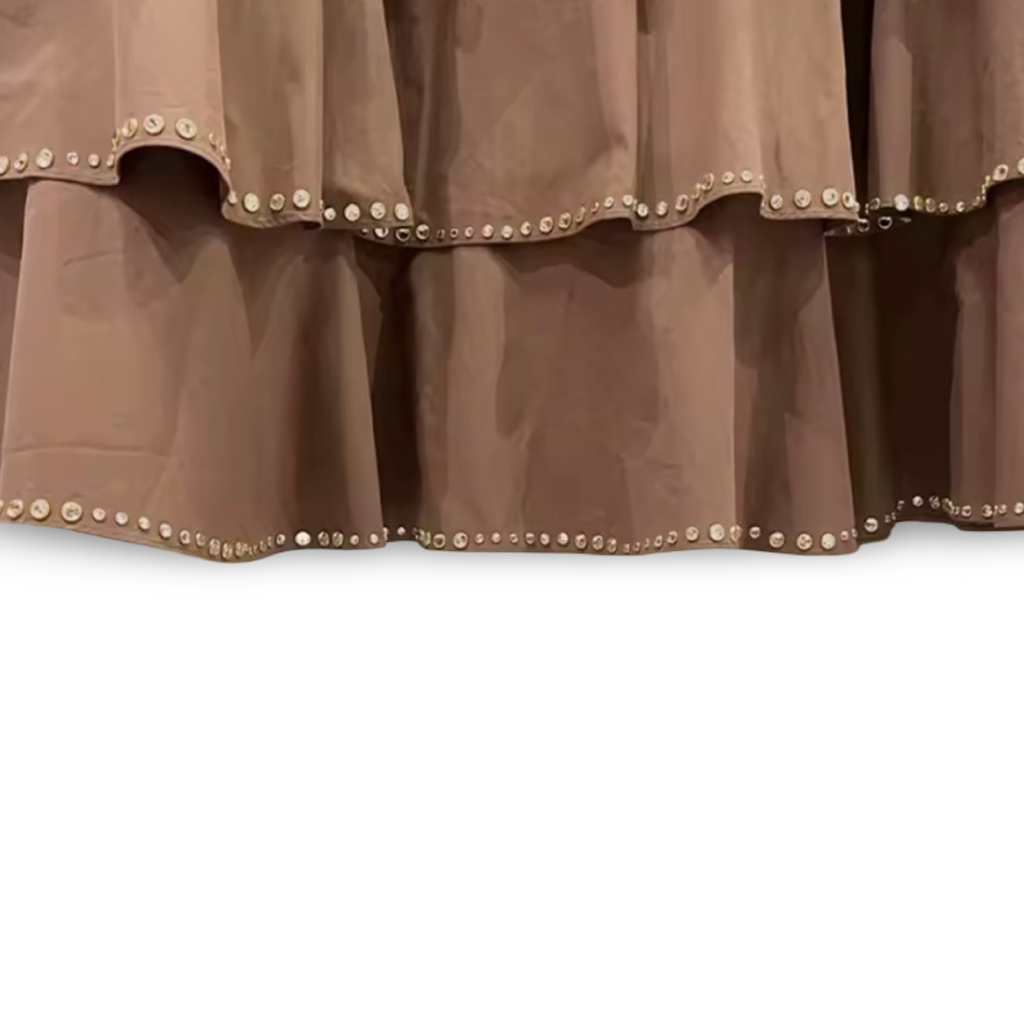 Mocha Taupe Rhinestone Trim Sleeveless Top & Ruffled Tiered Midi Skirt | Matching Co-Ord |  Editors Pick